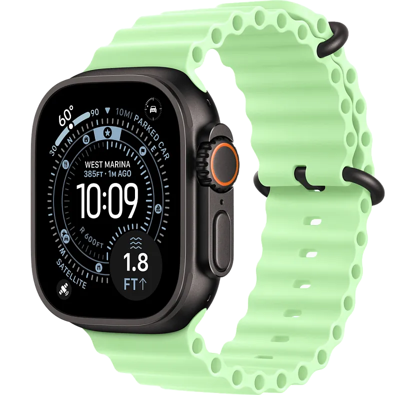 Apple Watch Ultra 3, 49 мм, корпус из чёрного титана, ремешок Ocean цвета «неоновый зелёный»