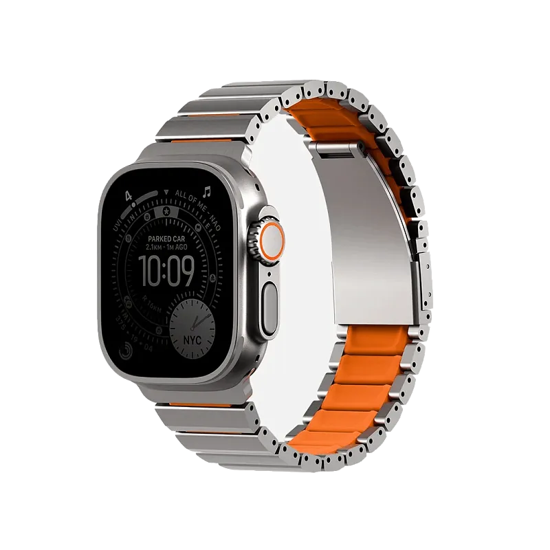 Ремешок UNIQ для Apple Watch 44/45/46/49 мм Strova Flex Steel Band, серебристо-оранжевый