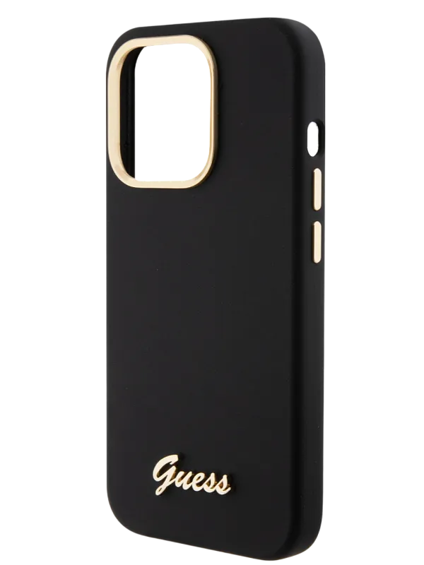 Чехол Guess для iPhone 15 Pro чехол Liquid silicone Gold metal logo & Camera frame Hard Black