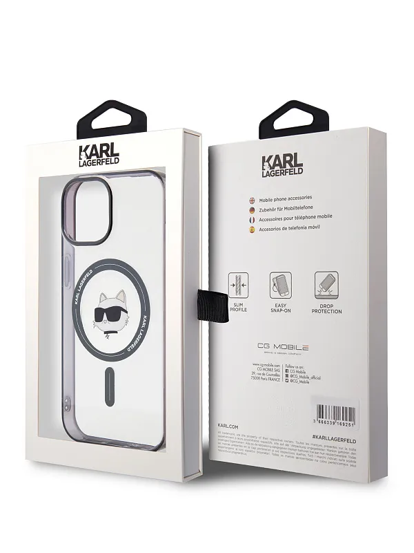 Чехол Lagerfeld для iPhone 15 чехол PC/TPU NFT Choupette Head Hard Transp/Black (MagSafe)