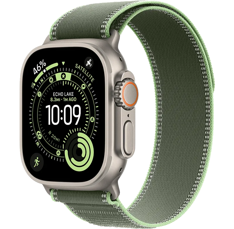 Apple Watch Ultra 3, 49 мм, корпус из бежевого титана, ремешок Trail цвета «зелёный/неон»