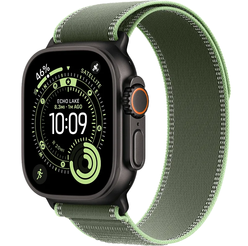 Apple Watch Ultra 3, 49 мм, корпус из чёрного титана, ремешок Trail цвета «зелёный/неон»
