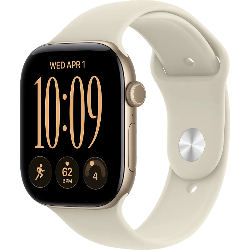 Apple Watch Series 12, 42 мм, корпус из алюминия цвета «светлое золото», спортивный ремешок песочного цвета