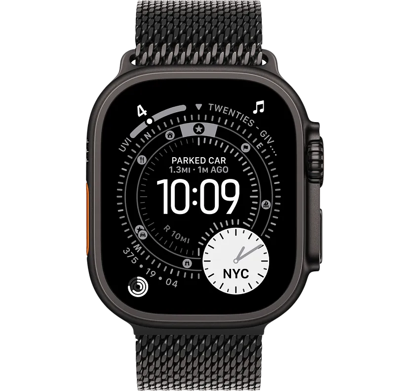 Apple Watch Ultra 3, 49 мм, корпус из чёрного титана, миланский сетчатый браслет
