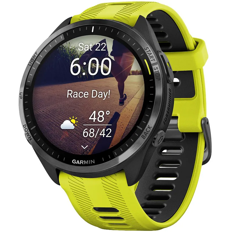 Смарт-часы Garmin Forerunner 965, черные, темно-серый DLC титановый безель, с желто-черным ремешком, 47 мм