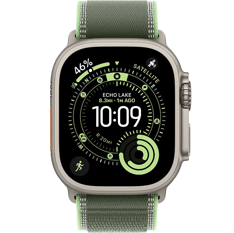 Apple Watch Ultra 3, 49 мм, корпус из бежевого титана, ремешок Trail цвета «зелёный/неон»
