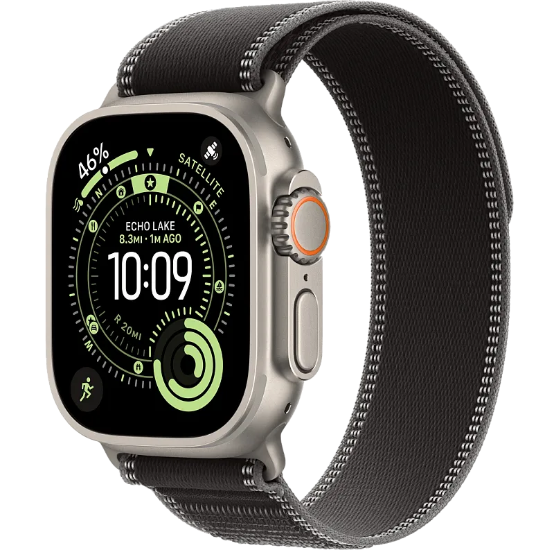 Apple Watch Ultra 3, 49 мм, корпус из бежевого титана, ремешок Trail цвета «чёрный/угольно-чёрный»