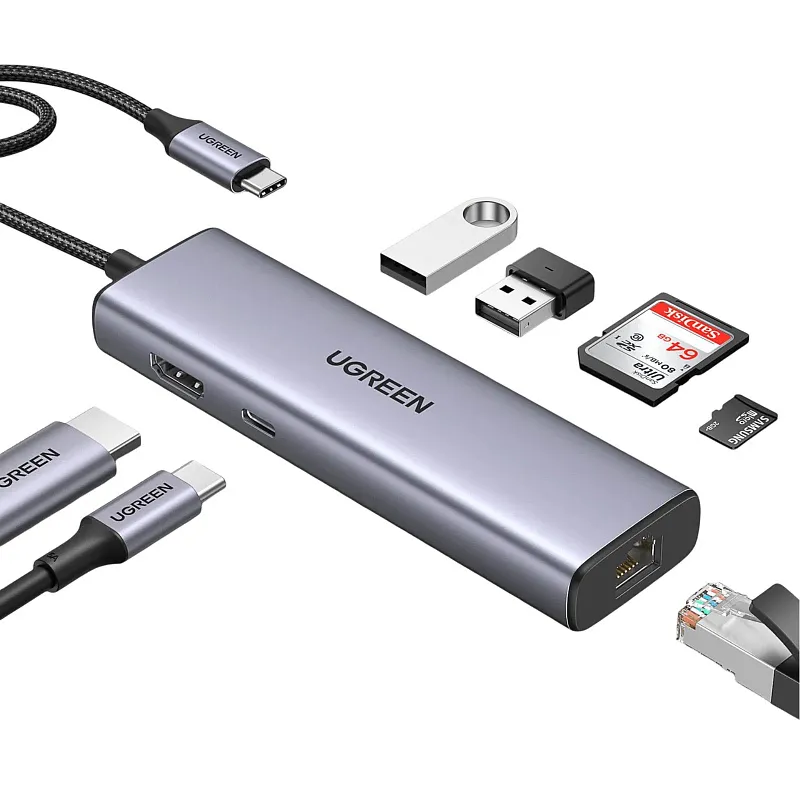 USB‑C хаб UGREEN CM511 7‑в‑1 с HDMI 4K 60 Гц, серый