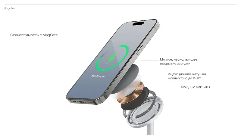 Беспроводное зарядное устройство uBear Stage Pro, 3-в-1, MagSafe совместимое, цвет серебристый
