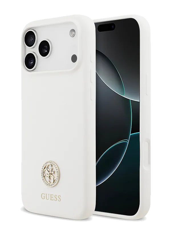Чехол Guess для iPhone 17 Pro Max Liquid silicone with 4G Diamond metal logo Hard, белый