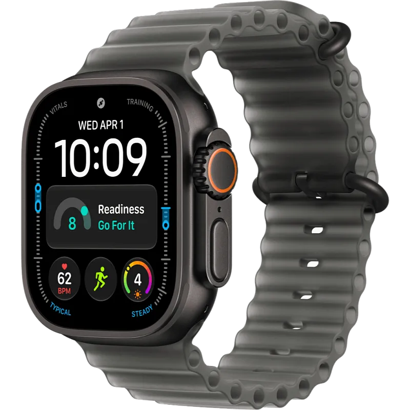 Apple Watch Ultra 4, 49 мм, корпус из чёрного титана, полупрозрачный ремешок Ocean чёрного цвета