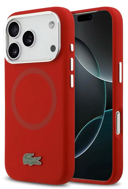 Чехол Lacoste для iPhone 17 Pro Max Liquid silicone Lacquer Metal logo & Cam Hard Red, красный