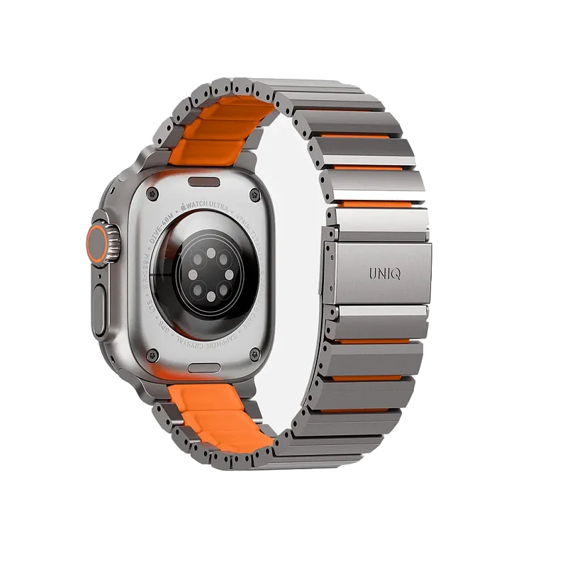 Ремешок UNIQ для Apple Watch 44/45/46/49 мм Strova Flex Steel Band, серебристо-оранжевый