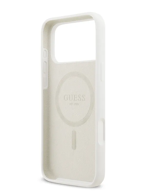 Чехол Guess для iPhone 17 Pro Max Liquid silicone with 4G Diamond metal logo Hard, белый