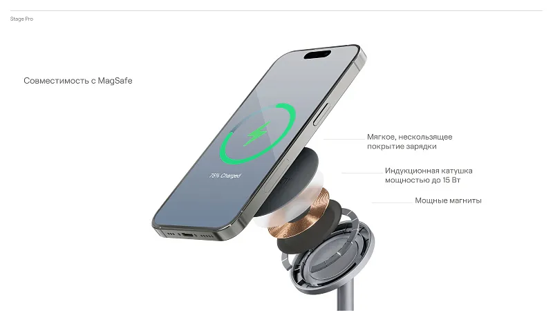 Беспроводное зарядное устройство uBear Stage Pro, 3-в-1, MagSafe совместимое, цвет серый космос