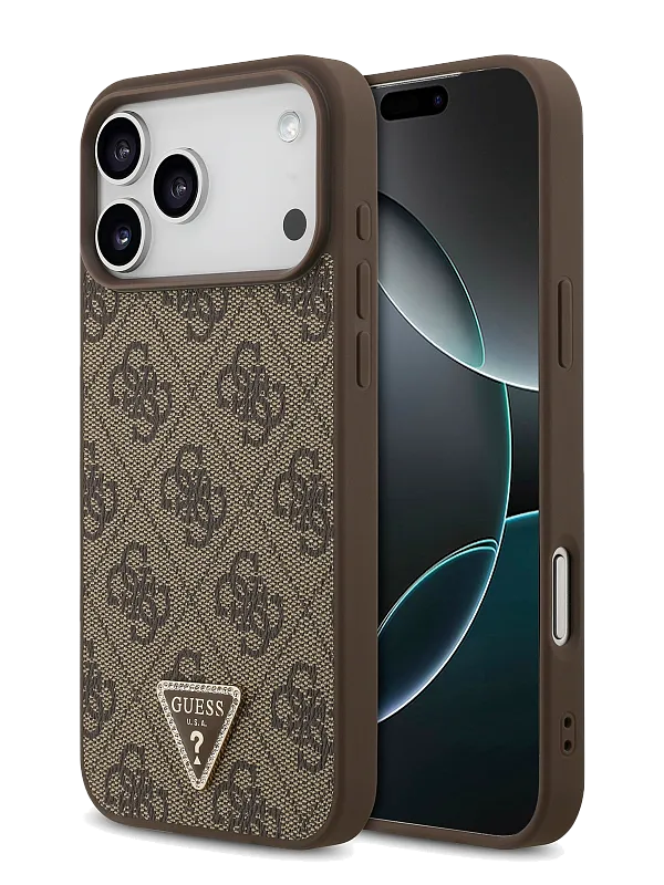 Чехол Guess для iPhone 17 Pro Max PU 4G Triangle Diamond metal logo Hard Brown (MagSafe), коричневый