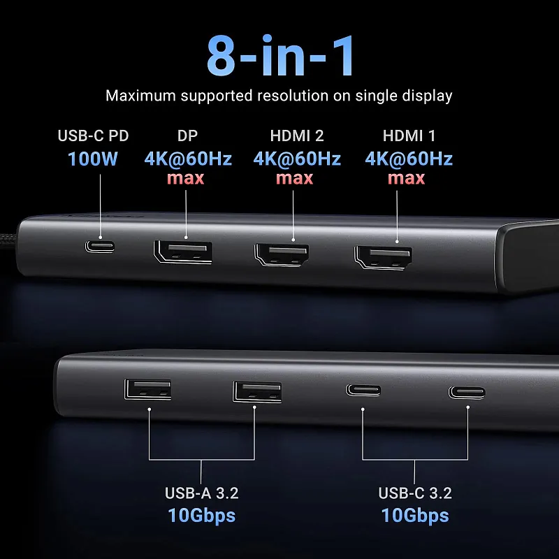 USB‑C хаб UGREEN Revodok Pro 8‑в‑1 с двумя HDMI 4K 60 Гц, серый