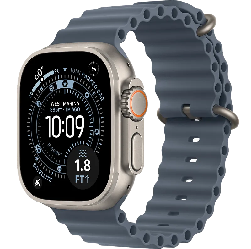 Apple Watch Ultra 3, 49 мм, корпус из бежевого титана, ремешок Ocean цвета «якорный синий»