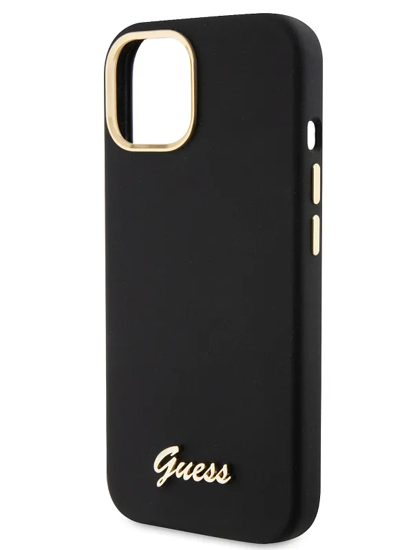 Чехол Guess для iPhone 15 Liquid silicone Gold metal logo & Camera frame Hard Black