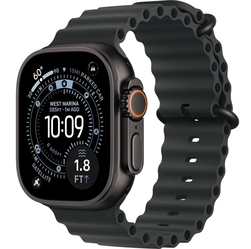 Apple Watch Ultra 3, 49 мм, корпус из чёрного титана, ремешок Ocean чёрного цвета