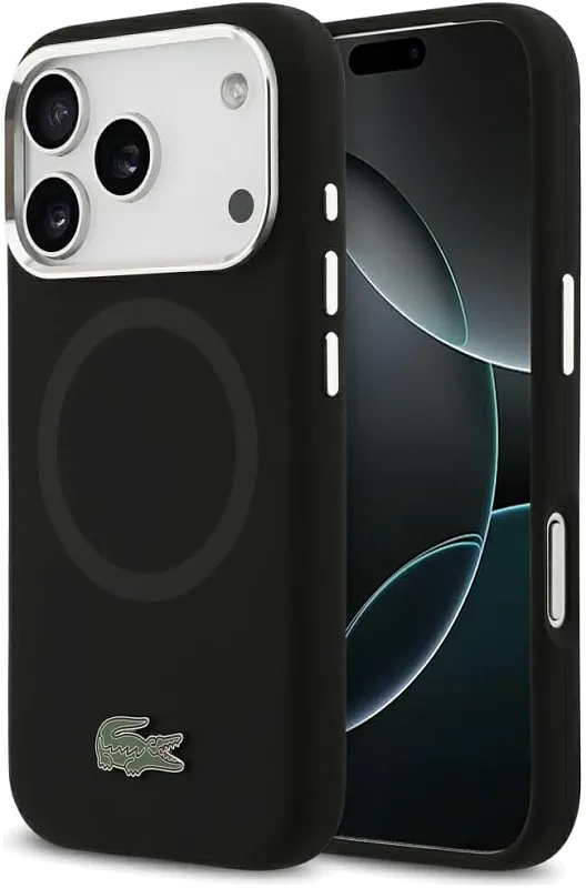 Чехол Lacoste для iPhone 17 Pro Liquid silicone Lacquer Metal logo & Camera Hard Black, чёрный