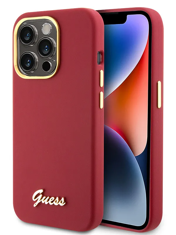 Чехол Guess для iPhone 15 Pro чехол Liquid silicone Gold metal logo & Camera frame Hard Magenta