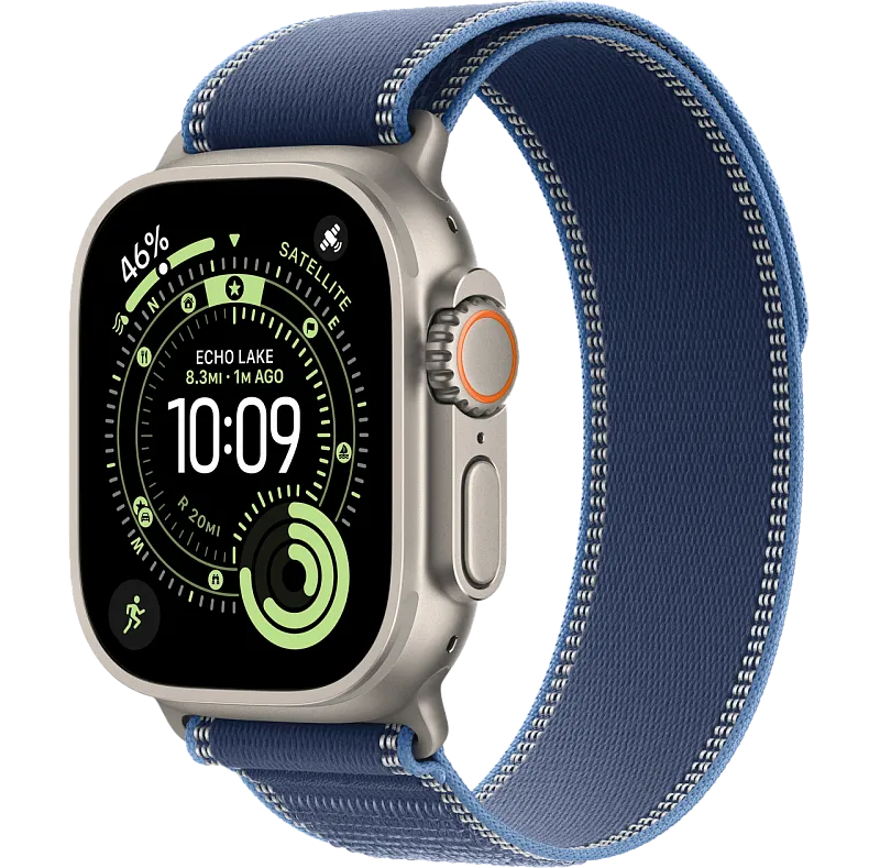 Apple Watch Ultra 3, 49 мм, корпус из бежевого титана, ремешок Trail цвета «синий/ярко-синий»