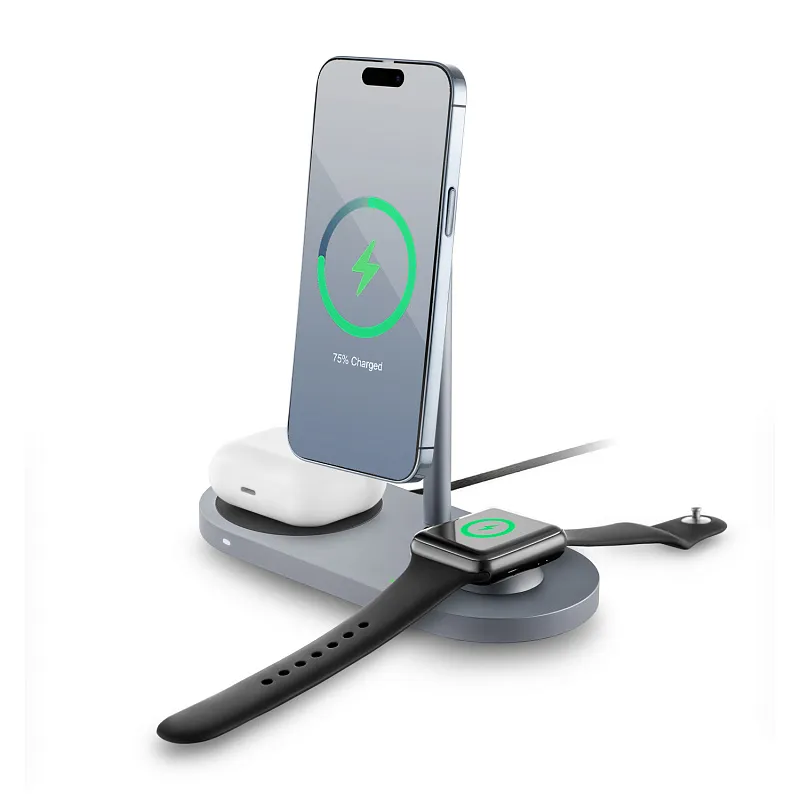 Беспроводное зарядное устройство uBear Stage Pro, 3-в-1, MagSafe совместимое, цвет серый космос