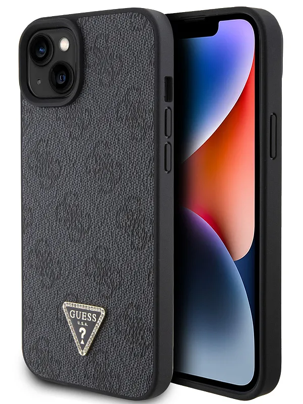 Чехол Guess для iPhone 15 PU 4G Triangle Diamond metal logo Hard Black