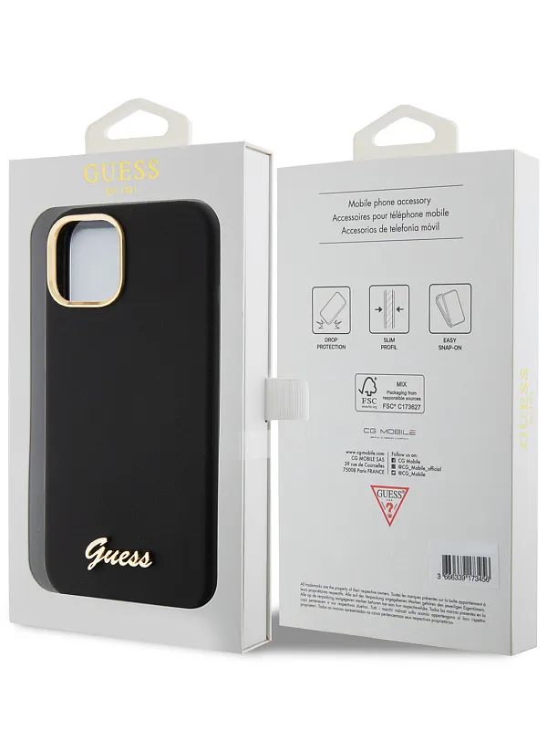 Чехол Guess для iPhone 15 Liquid silicone Gold metal logo & Camera frame Hard Black