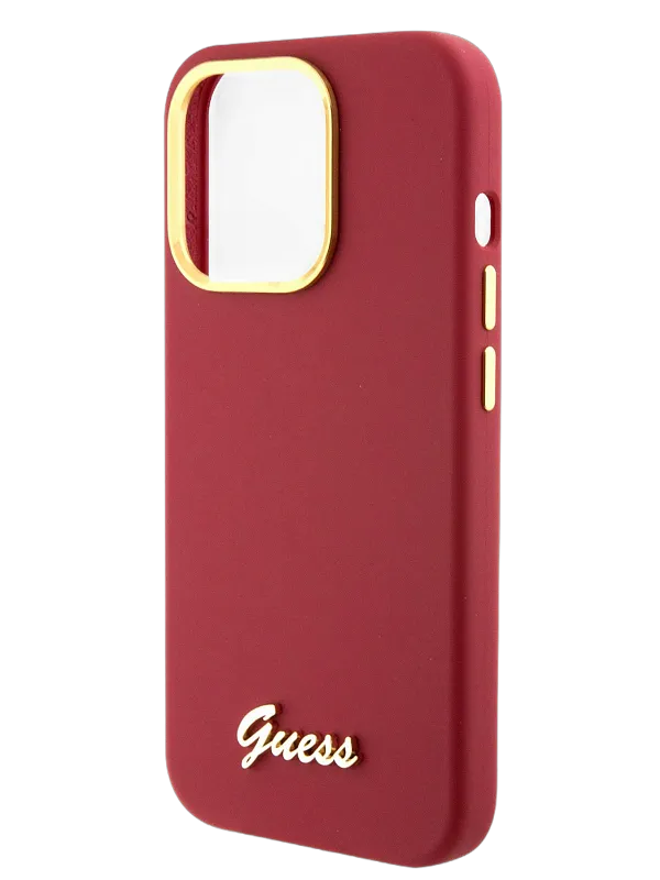 Чехол Guess для iPhone 15 Pro чехол Liquid silicone Gold metal logo & Camera frame Hard Magenta