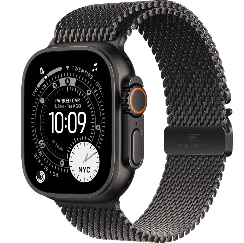 Apple Watch Ultra 3, 49 мм, корпус из чёрного титана, миланский сетчатый браслет
