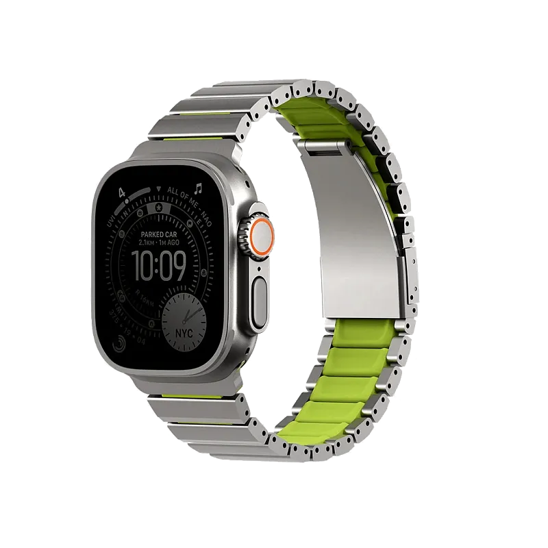 Ремешок Uniq для Apple Watch 49/46/45/44 mm Strova Flex Steel Band, "серебристый/лаймово-зеленый"