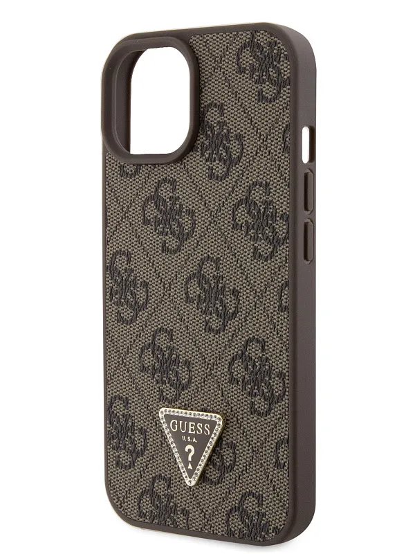 Чехол Guess для iPhone 15 PU 4G Triangle Diamond metal logo Hard Brown