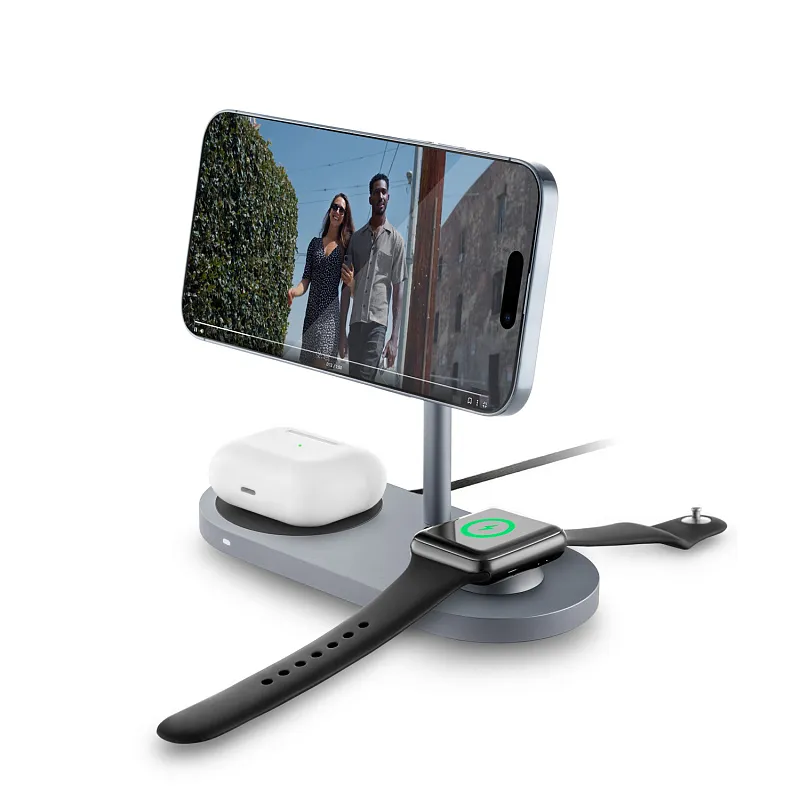 Беспроводное зарядное устройство uBear Stage Pro, 3-в-1, MagSafe совместимое, цвет серый космос