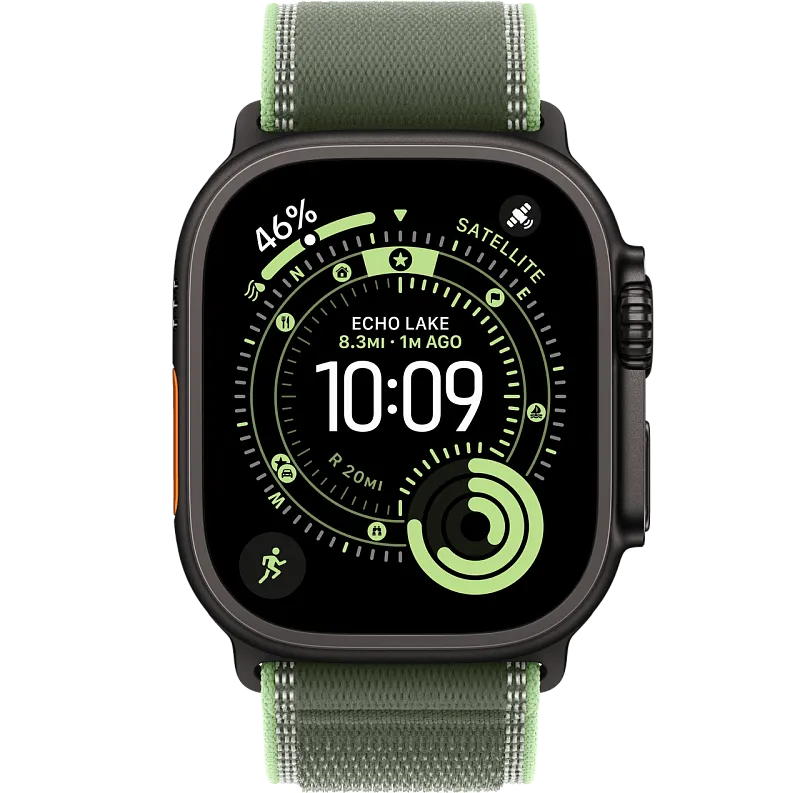 Apple Watch Ultra 3, 49 мм, корпус из чёрного титана, ремешок Trail цвета «зелёный/неон»