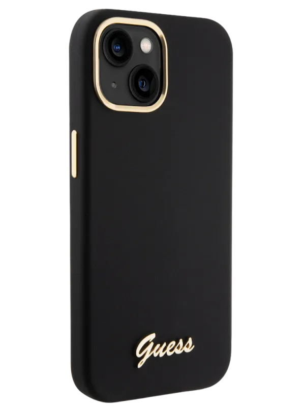Чехол Guess для iPhone 15 Liquid silicone Gold metal logo & Camera frame Hard Black