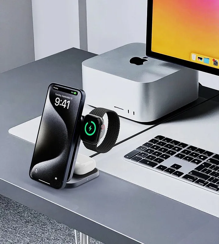 Беспроводное зарядное устройство Aukey MagFusion Z Qi2 3-in-1 Foldable, серый