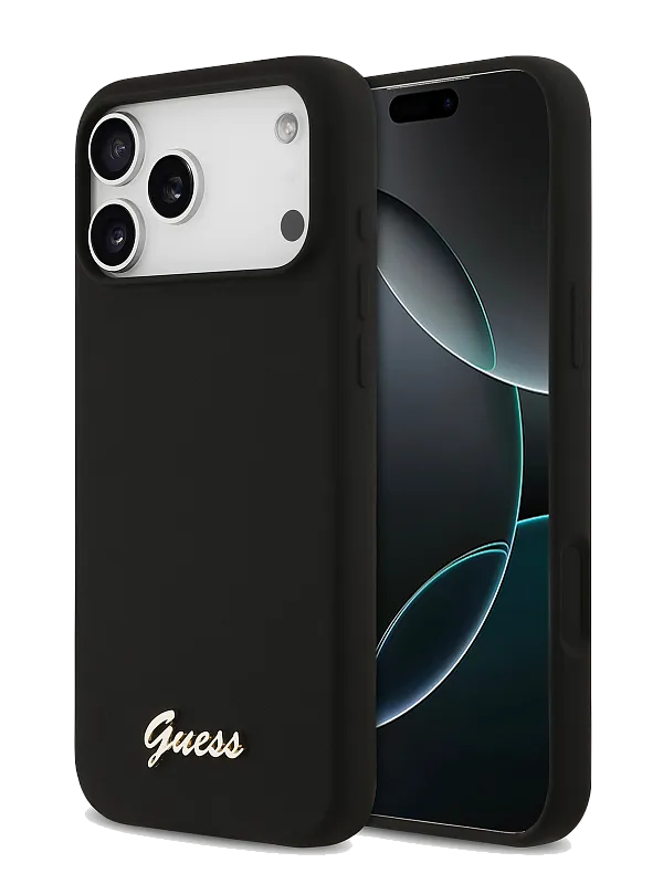 Чехол Guess для iPhone 17 Pro Liquid silicone Gold metal logo & Camera Hard, чёрный