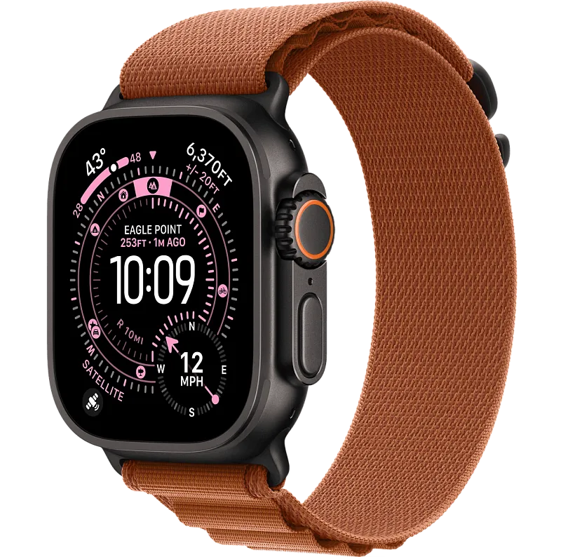 Apple Watch Ultra 3, 49 мм, корпус из чёрного титана, ремешок Alpine терракотового цвета