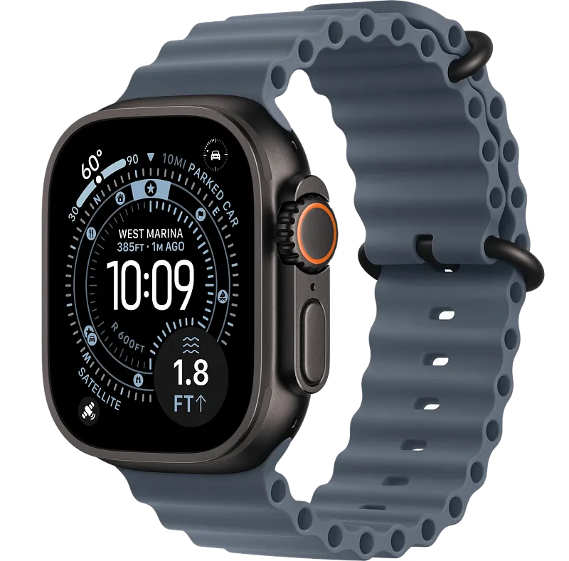 Apple Watch Ultra 3, 49 мм, корпус из чёрного титана, ремешок Ocean цвета «якорный синий»