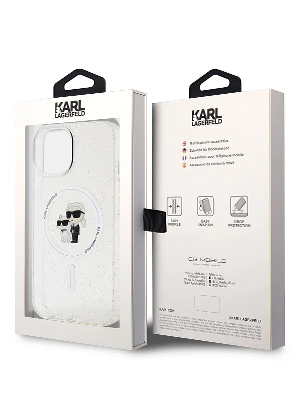Чехол Lagerfeld для iPhone 15 чехол PC/TPU NFT Karl & Choupette Hard Glitter Transp (MagSafe)