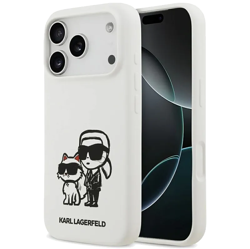 Чехол Lagerfeld для iPhone 17 Pro Max Liquid Silicone Sketch Karl&Choup Metal cam Hard, белый