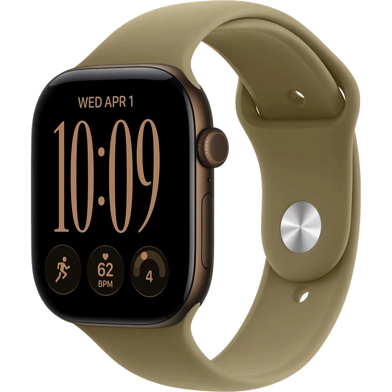 Apple Watch Series 12, 46 мм, корпус из алюминия цвета «тёмная бронза», спортивный ремешок оливкового цвета