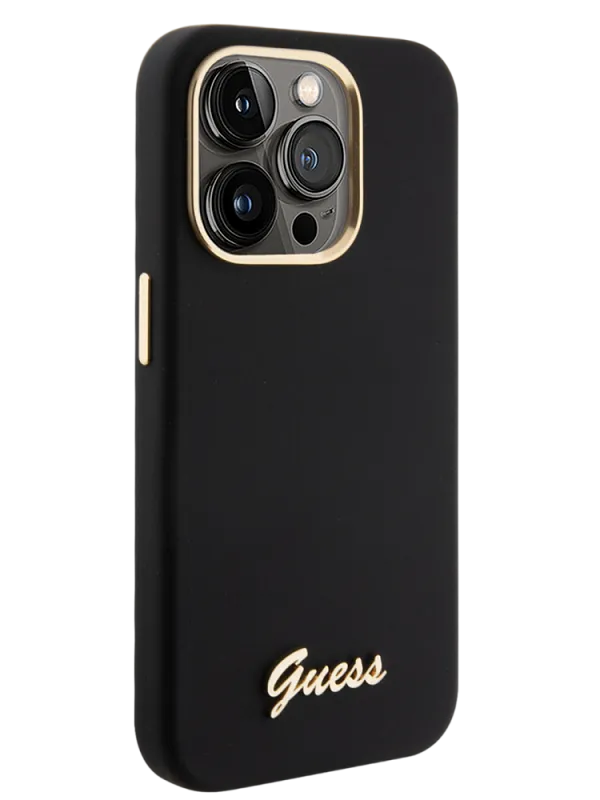Чехол Guess для iPhone 15 Pro чехол Liquid silicone Gold metal logo & Camera frame Hard Black