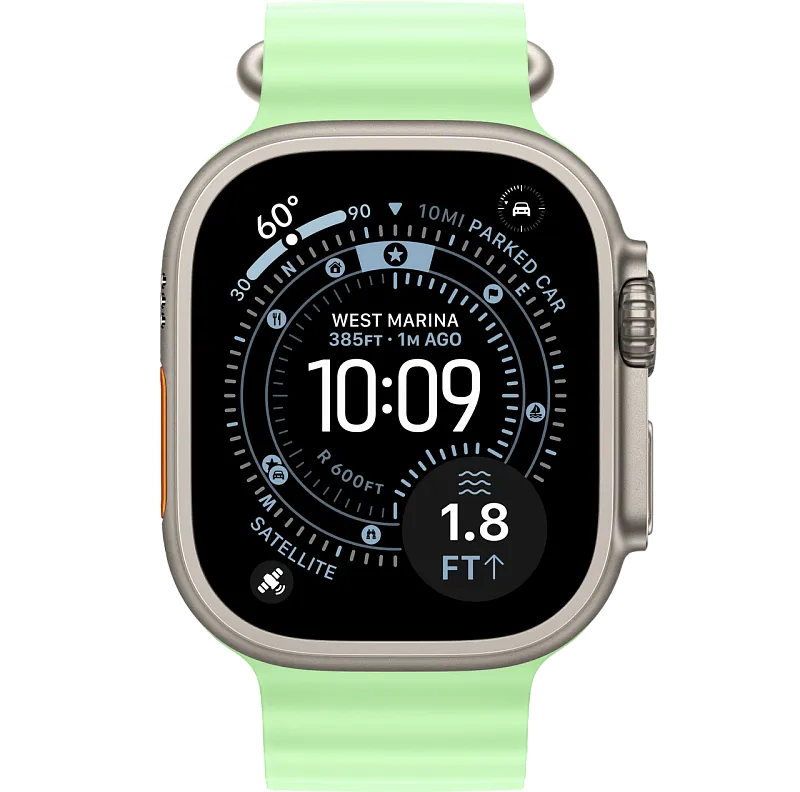Apple Watch Ultra 3, 49 мм, корпус из бежевого титана, ремешок Ocean цвета «неоновый зелёный»