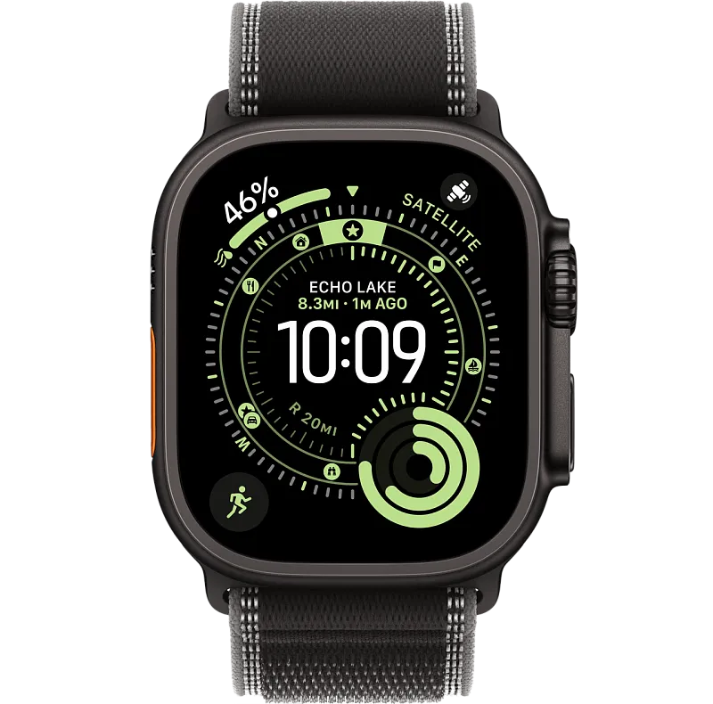 Apple Watch Ultra 3, 49 мм, корпус из чёрного титана, ремешок Trail цвета «чёрный/угольно-чёрный»