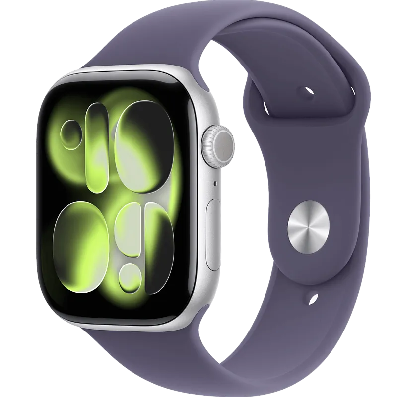 Apple Watch Series 11, 42 мм, корпус из алюминия серебристого цвета, спортивный ремешок цвета «фиолетовый туман»
