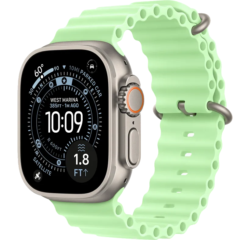 Apple Watch Ultra 3, 49 мм, корпус из бежевого титана, ремешок Ocean цвета «неоновый зелёный»