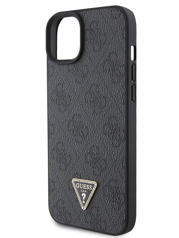 Чехол Guess для iPhone 15 PU 4G Triangle Diamond metal logo Hard Black